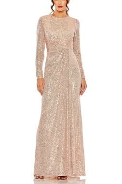 Mac Duggal 11659 Sequin Long Sleeve High Neck Gown Sz 16 Rose Gold Dress $398